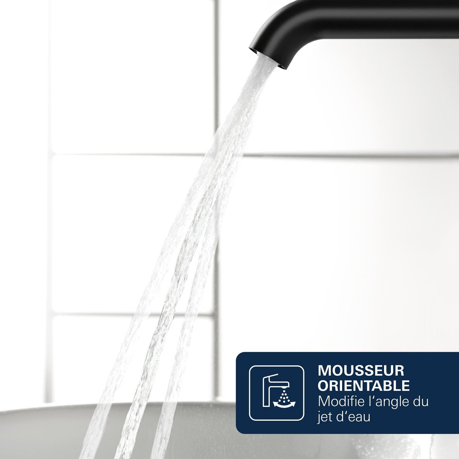 GROHE Essence Mitigeur de Lavabo Corps Lisse, Taille S (208 mm, Levier Métal, Cartouche Céramique 28 mm, Économie d’Eau, Flexibles 3/8"), Noir Mat, 235902431