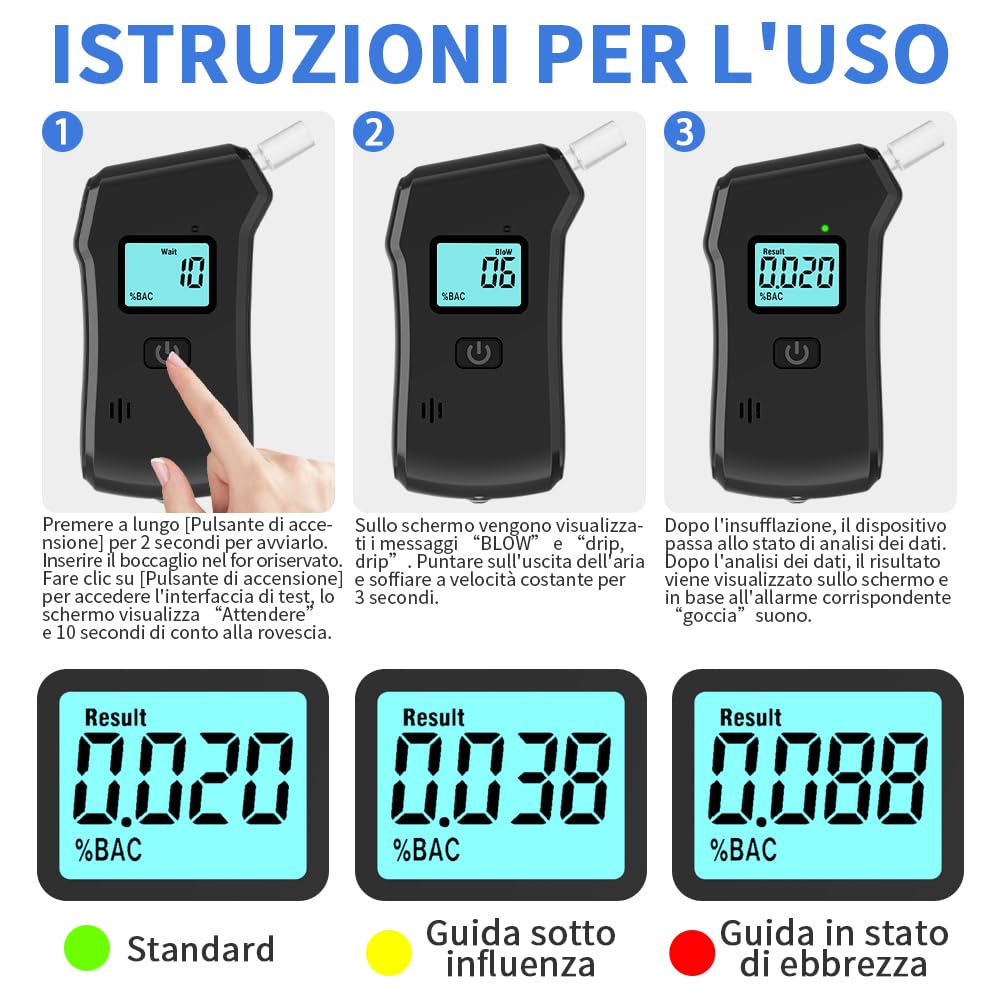Etilometro Portatile Professionale - Display LCD, 20 Boccagli, Alta Precisione, Per Uso Domestico E Di Gruppo - Foto 8