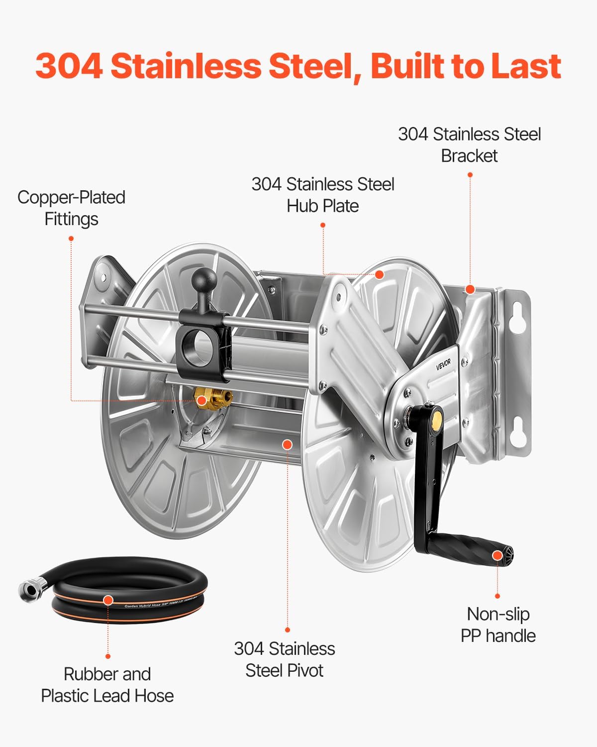 VEVOR Stainless Steel Garden Hose Reel Wall/Floor Mounted, Heavy Duty Manual Hose Winder Holds 150 ft 5/8 in Water Hoses, Outdoor Reel with Brass Fittings & 5 ft Leader Hose for Lawn, Yard, Garage