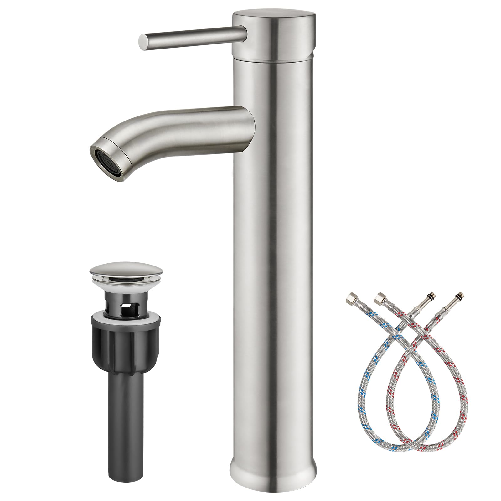 Hcfyauis Brushed Nickel Tall Bathroom Faucet, Bathroom Bowl Sink Faucet Vessel Sink Deck Mount Sus304 Stainless Steel Bowl Basin One Hole Single Handle Tall Spout Mixer Tap With Pop Up Drain