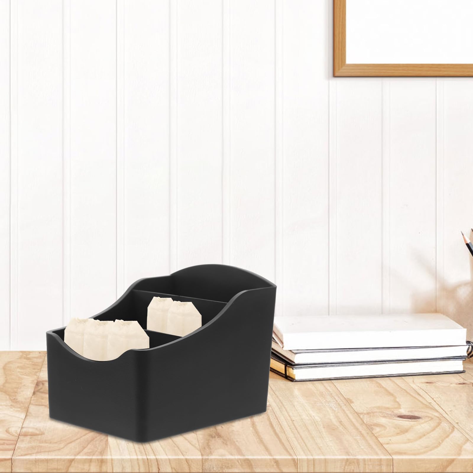 Organizador de Bolsas de Té y Azúcar de Mostrador, Caja de Almacenamiento de 3 Compartimentos en Abs Negro, Porta Bolsitas Pequeño para Cocina y Cafetería, Soporte Multifunción