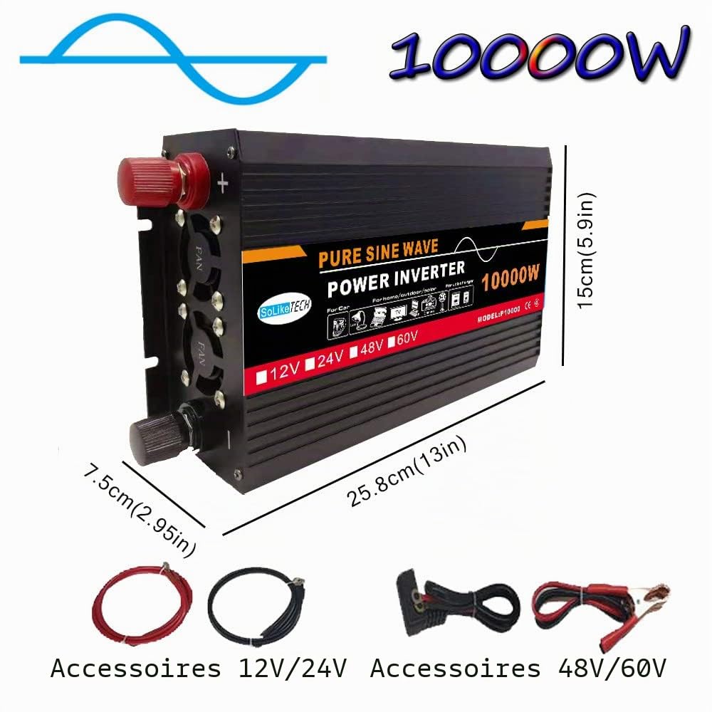 Convertisseur 12v 220v Pur Sinus 12000W Onduleur, Convertisseur de Tension avec écran LDE et 2 Prise Européenne, Adaptateur de Chargeur de Voiture Rapide USB,12VTo220V-10000W