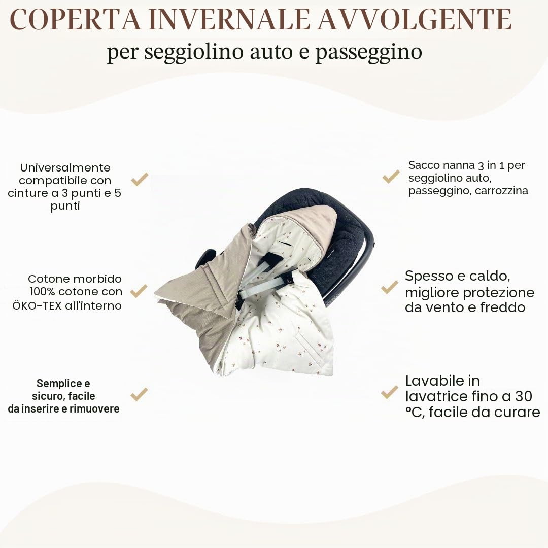 Coperta invernale imbottita in velvet, con imbottitura per ovetto, universale, con chiusura per passeggino, culla
