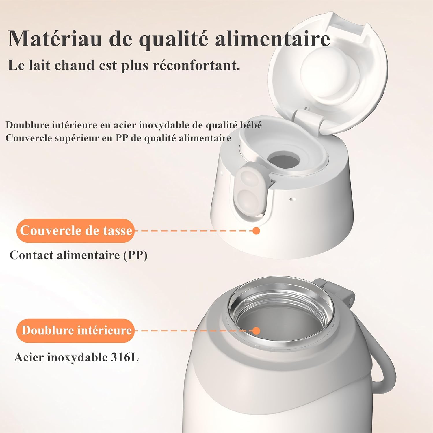 Chauffe Biberon nomade 500ML de voyage, Couvercle-tasse inclus, Batterie longue durée, Chauffe en 3 minutes, Contrôle précis de la température