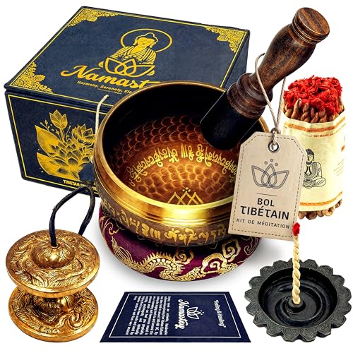 NAMASTEY® – Bol Tibétain – Bol Chantant Ø10 cm Martelé à la Main au Népal – Tingsha Tibétain – Cordelette Encens Népalais – Brûleur – Coffret Papier Lokta – Accessoires Méditation – Yoga e Zen