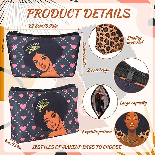 Mumufy 12 Pcs Black Women Makeup Bag African American Cosmetic Bags for Women Queen Toiletry Zippered Canvas Black Makeup Pouch Reusable Gifts Traveling Cosmetic Organizer2