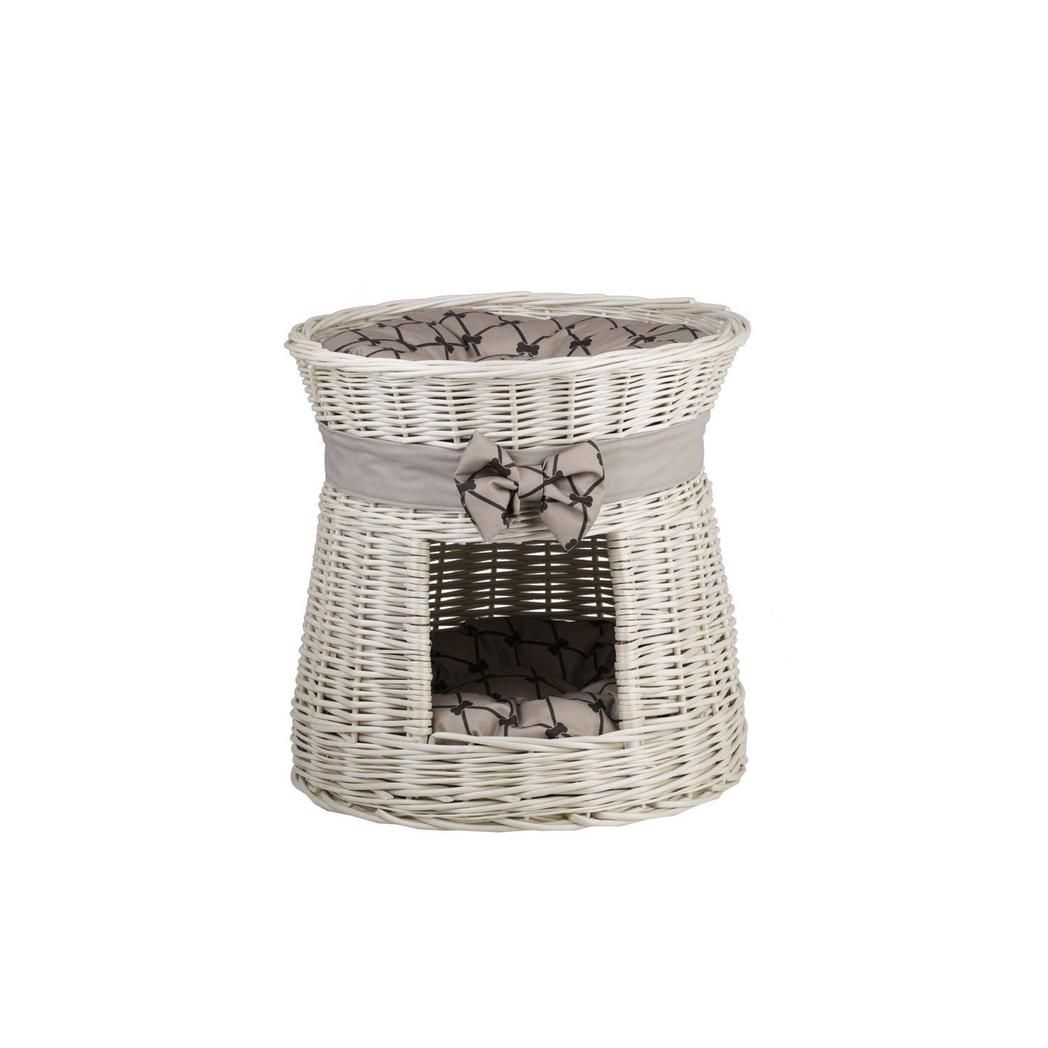 e-wicker24 White Wicker Indoor Igloo Cat Bed Cave Double Cat Bed pet Cave Indoor Cat House with Bed on Top Cosy Cave Bed Cat Sofa Box Wicker Cat Basket with Soft Cushion (Bone Beige)