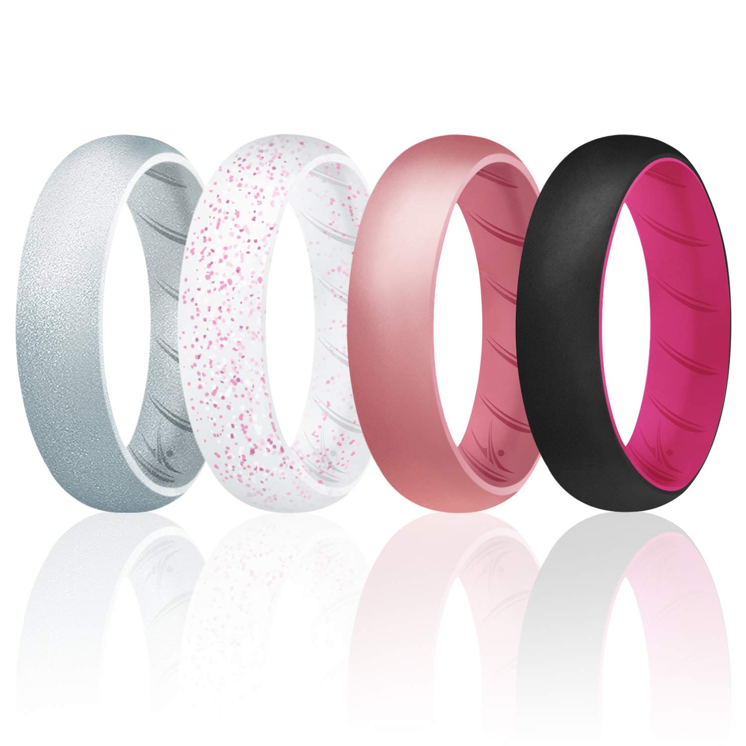 ROQ Silicone Rings for Women, Breathable Silicone Rings, Sets of 4 Bands, Unique Silicone Wedding Ring for Women, Medical Grade Silicone Rubber Band - Metal Pink, Silver, Black Colors - Size 10