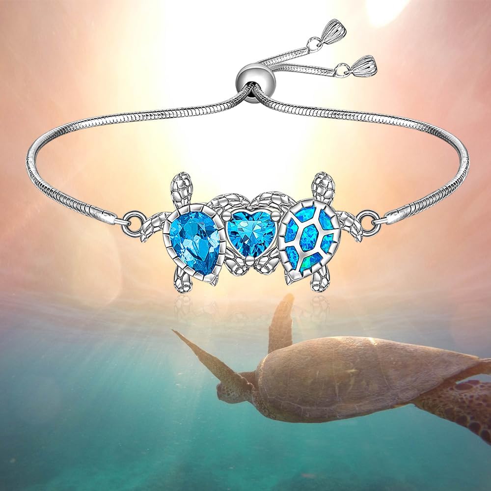 Fenthring Turtle Bracelet Blue Opal Sea Turtle Bracelet for Women Sterling Silver Adjustable Ocean Hawaiian Mother Daughter Sea Turtles Jewelry Christmas Birthday Gifts - Image 4