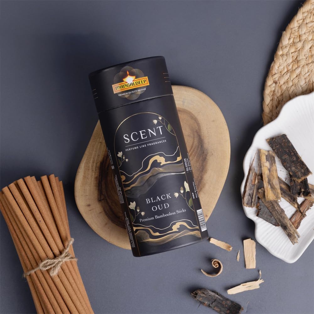 Scent Premium Bambooless Dhoop Sticks - Black Oud - Ceramic Stand Inside -with Essential Oils - (30 Sticks)