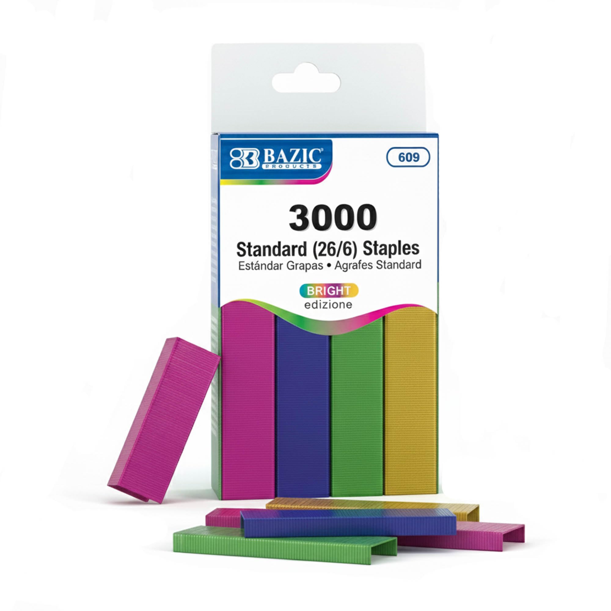 BAZIC Staples Standard (26/6) Metallic Color 3000/Pack, Stapler Refill Standard Size Staple, Assorted Colors, 1-Pack