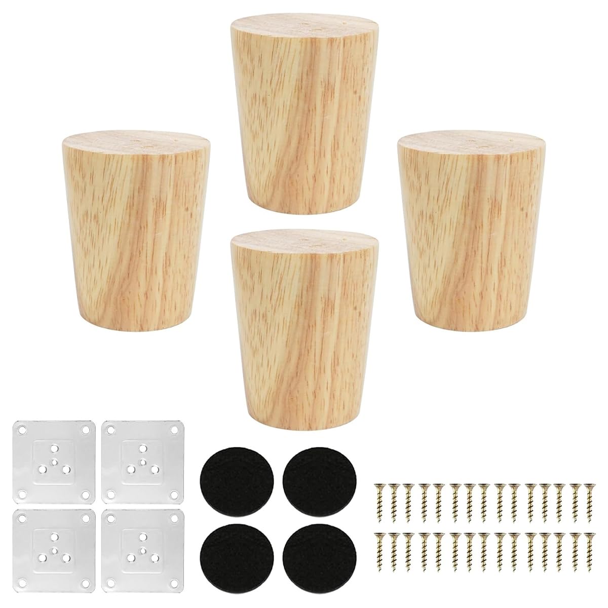 ACOLY 4-Pack 6cm Oak Conical Wooden Furniture Legs – With Mounting Plate & Screws, Fits Tables, Cabinets, Couches, Beds & Chests