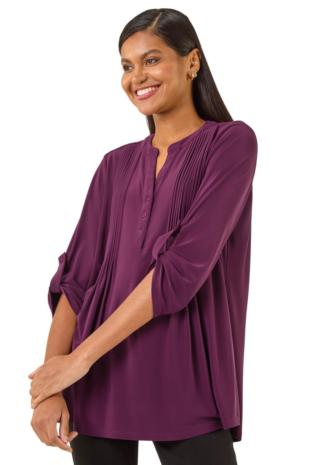 Roman Women's Plum Pintuck Button Stretch Top In | : Size 10