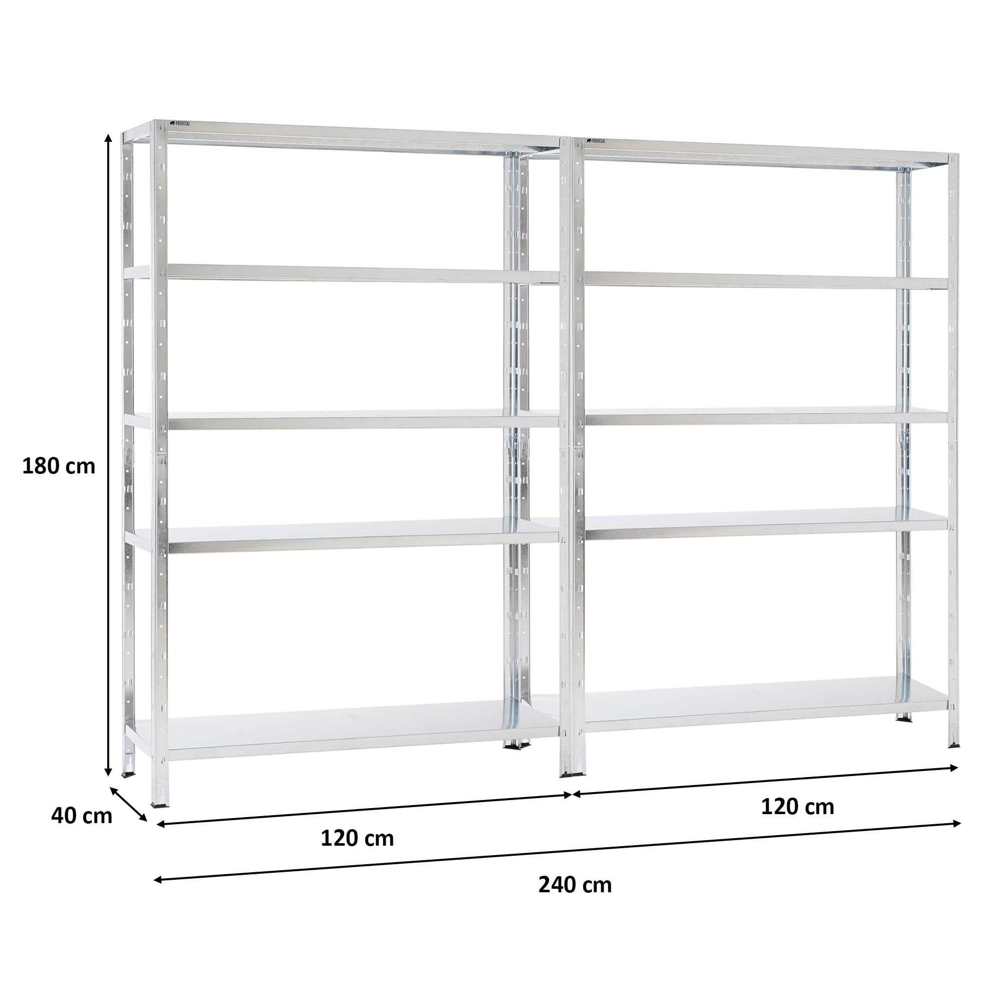 PROREGAL Mega Deal 2X Schwerlastregal Ares mit Metallböden HxBxT 180x120x40cm 5 Ebenen Fachlast 125 kg Verzinkt, Metall, Metallregal, Küchenregal, Kellerregal, Steckregal, Garagenregal, Lagerregal