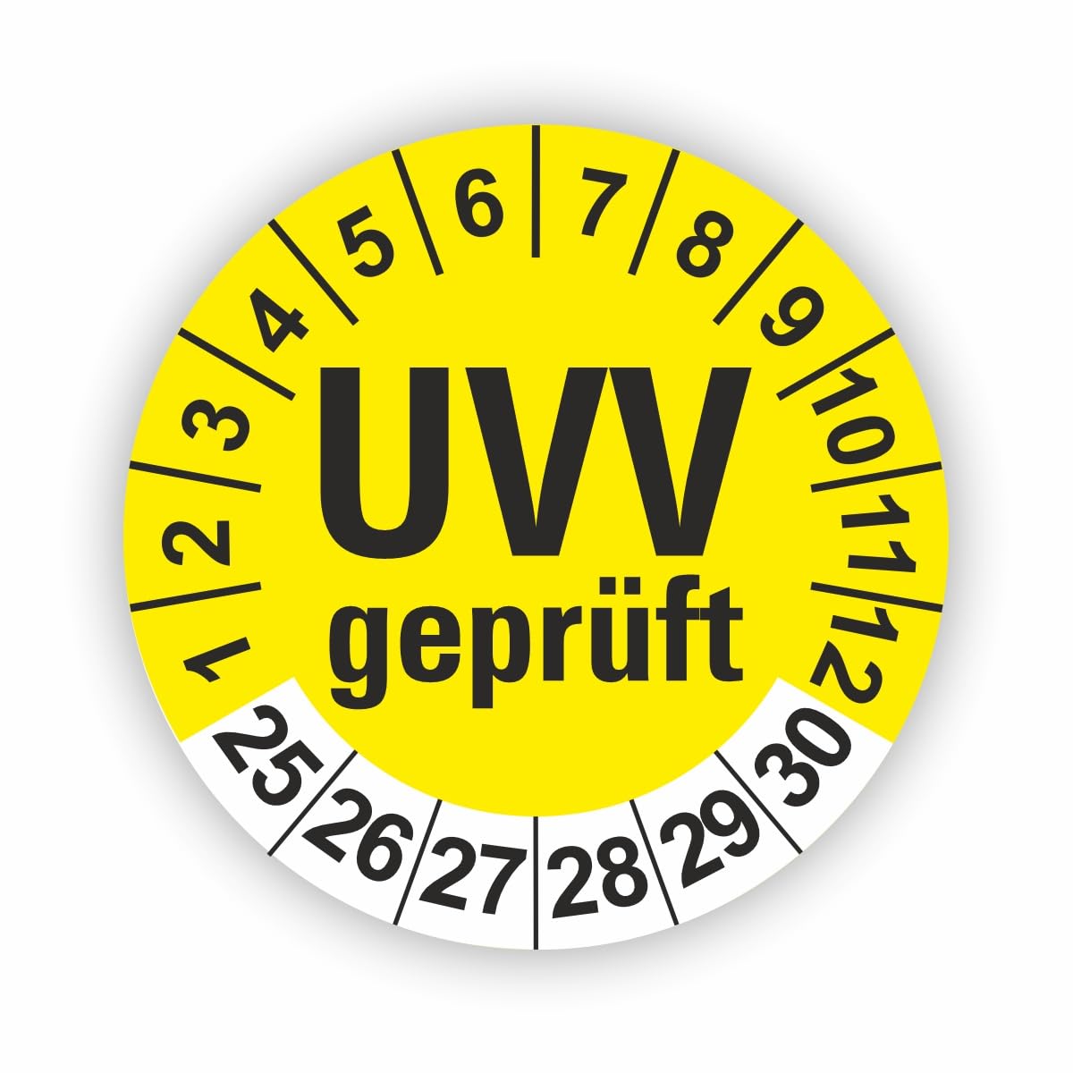 Hochwertige Prüfetiketten UVV PRÜFUNG Ø 40mm - Selbstklebende PVC-Folie - Wartungsetiketten für Prüfung - Prüfplakette für Prüfungsnachweis (30 Stück)