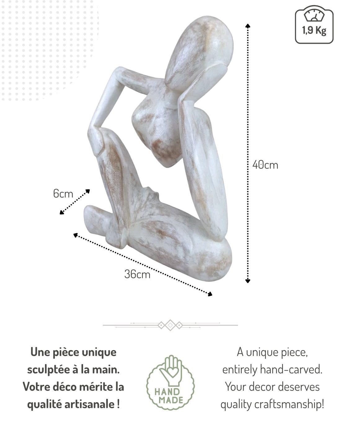 Statue abstraite << Le Penseur >> 40cm en bois | Design et Épurée