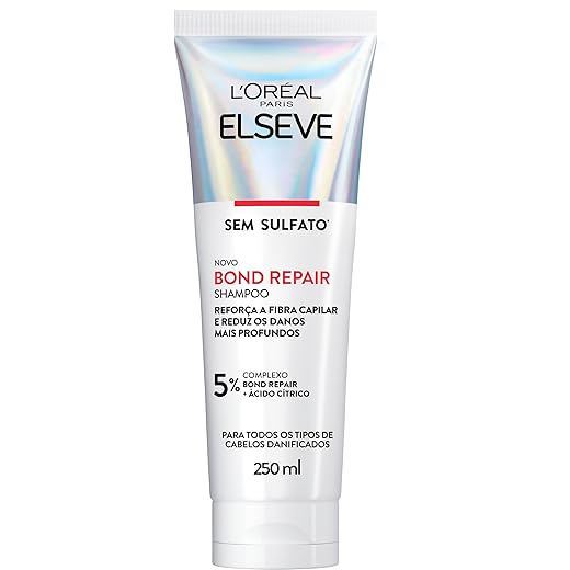 L'Oréal Paris Elseve Bond Repair Shampoo Reparação Molecular com Ácido Cítrico, Limpeza Suave Sem Sulfato, Reconstrói Ligações e Devolve Força aos Cabelos Danificados, 250ml