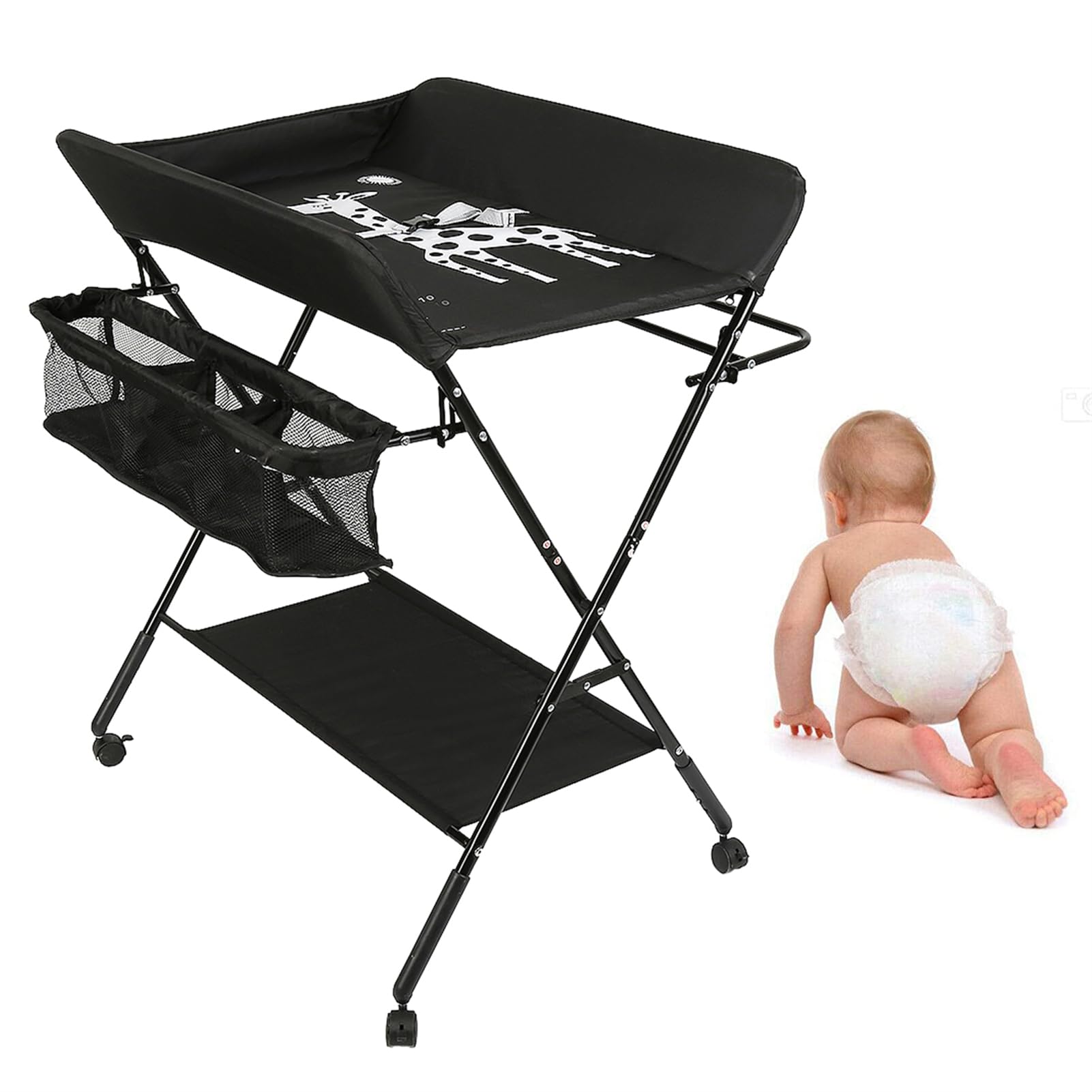 Homewell Cambiador de bebé plegable, con cambiador, cinturón de seguridad, compartimentos, bonito patrón e indicación de altura, estable y cómodo (negro)