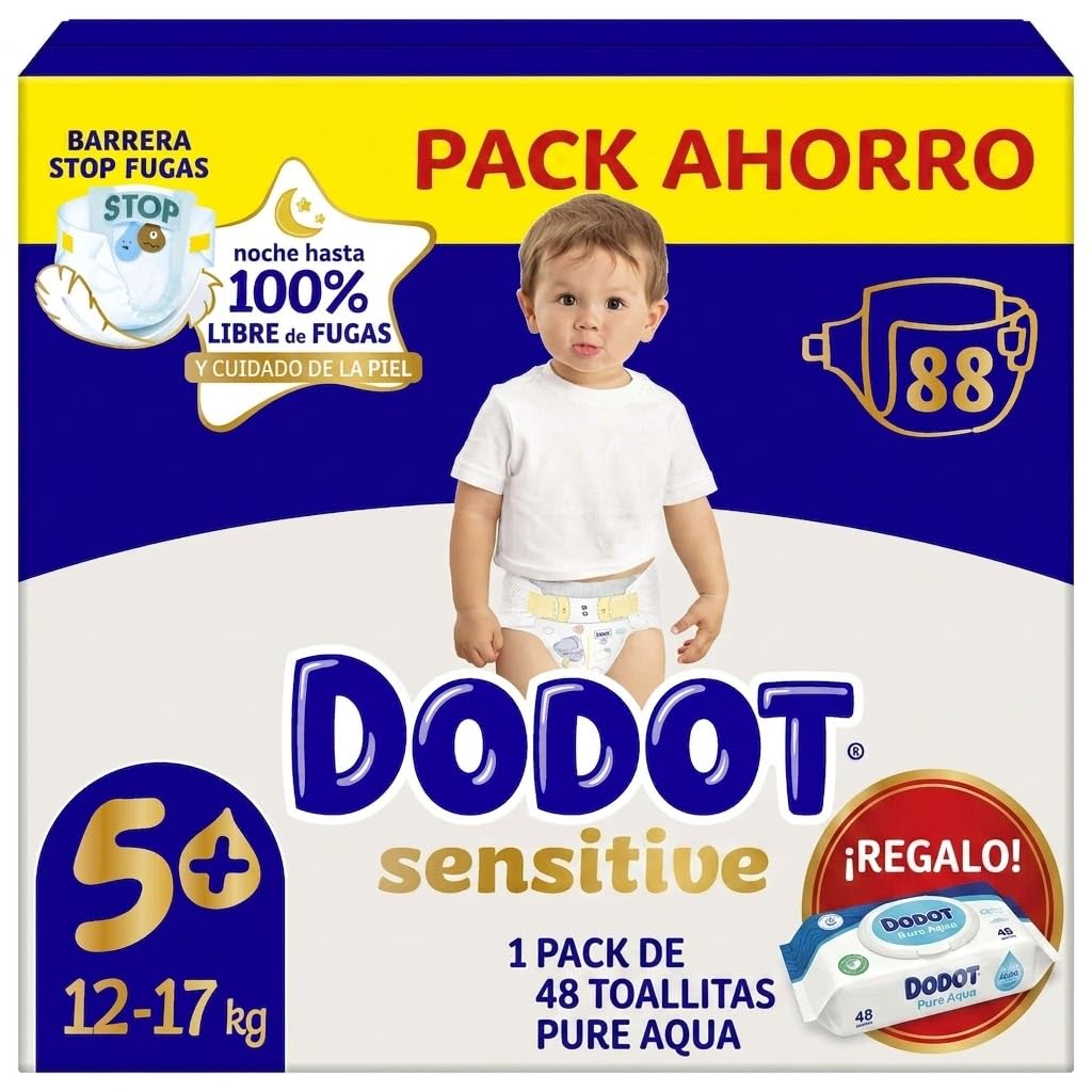 Dodot Sensitive Talla 5+ (12-17 kg) 88 Pañales | Nueva Fórmula | Extra Absorción Hasta 12 Horas | Barrera Stop Fugas | Regalo 1 Pack 48 Toallitas Pure Aqua