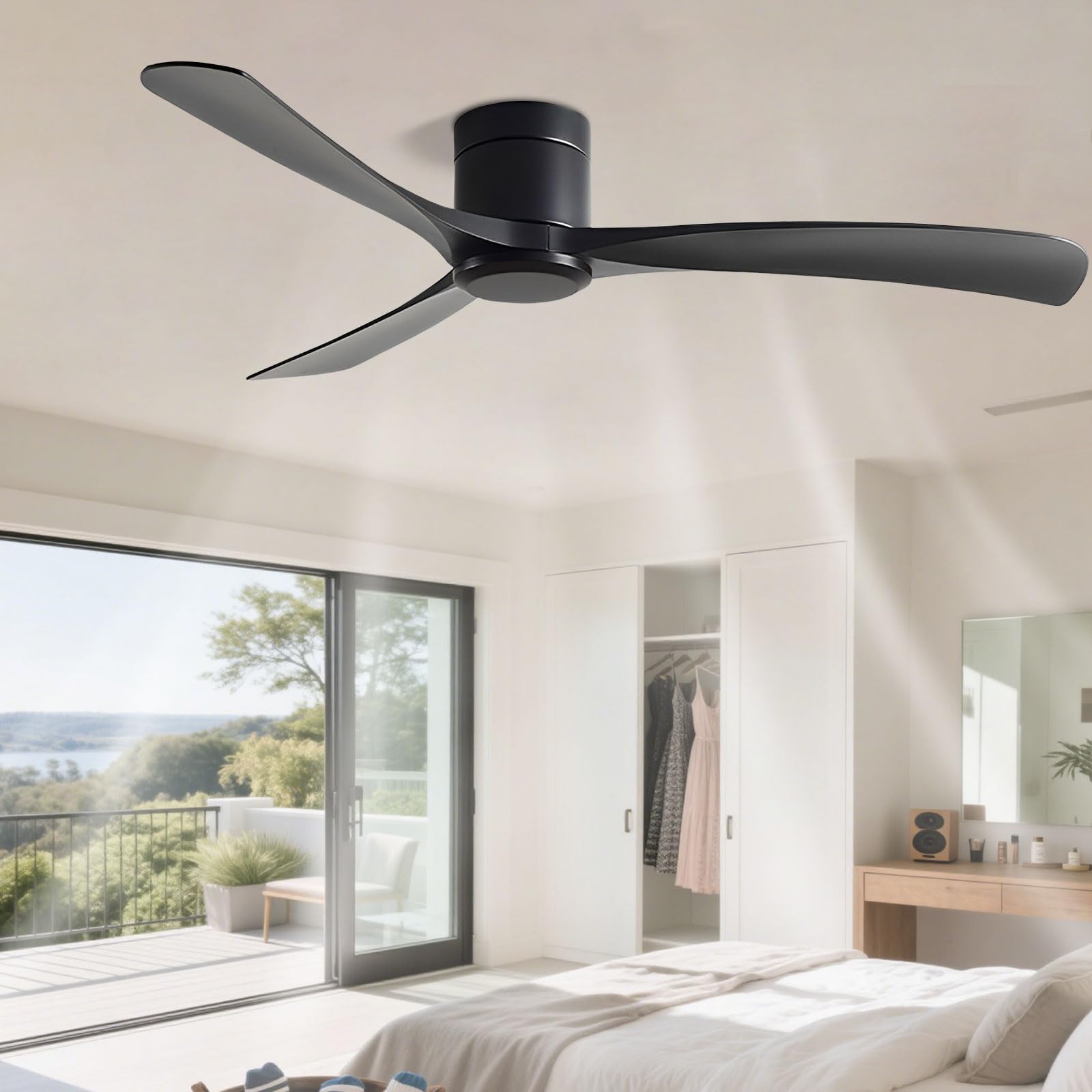 SXDMOUBK Flush Mount Ceiling Fan No Light Modern Quiet 52in Fans with Remote Control, Low Profile Black Without 3 Blades for Bedroom Living Room Restaurant Patio Indoor
