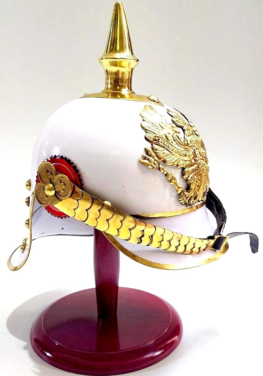 Casco in ottone tedesco Pickelhaube Imperial Prussian Bianco & Rosso Casco
