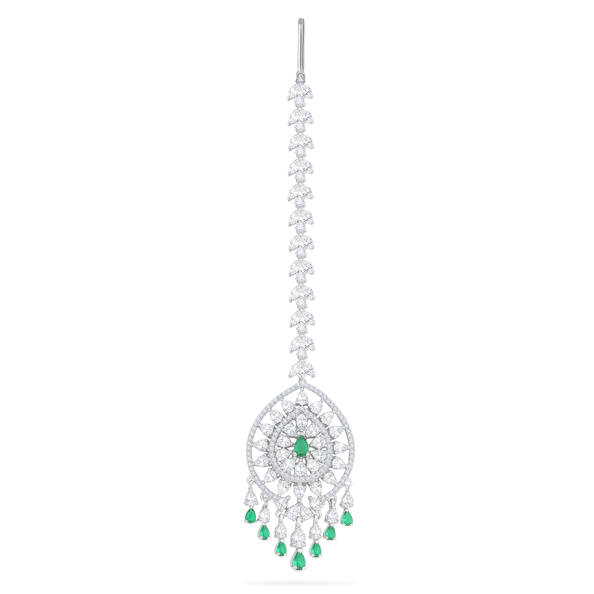 tanaira Brass AD Maang Tikka for Women | American Diamond Studded Silver Plated Green Stone Maang Tikka for Women and Girls.-picture-4