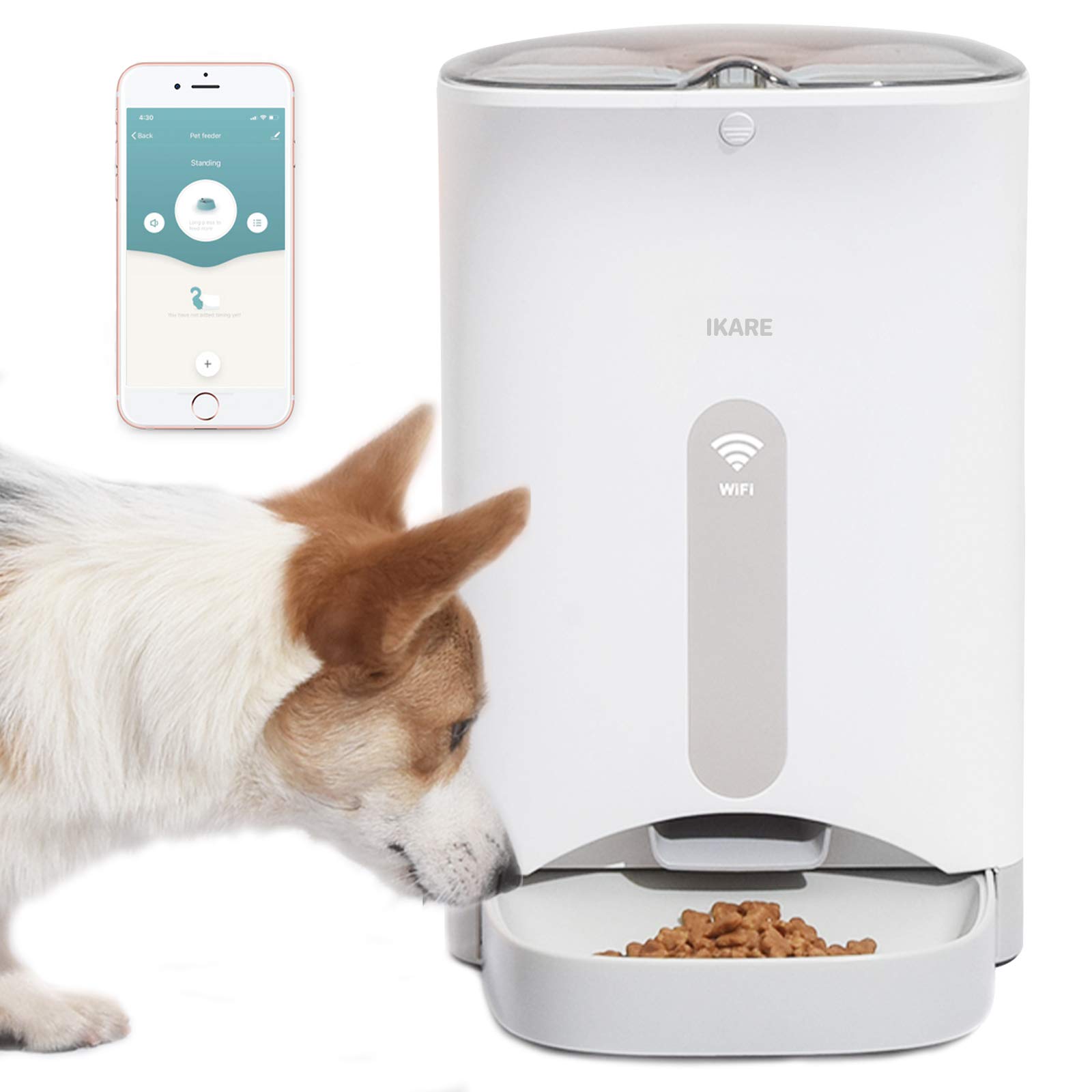 IKARE Automatic Pet Feeder for Cats and Dogs, WiFi Enabled Dog Auto Dry Food Dispenser With Locking buckle Lid, Portion Control and Voice Recording - Batteries and Power Adapter Support 4.3L