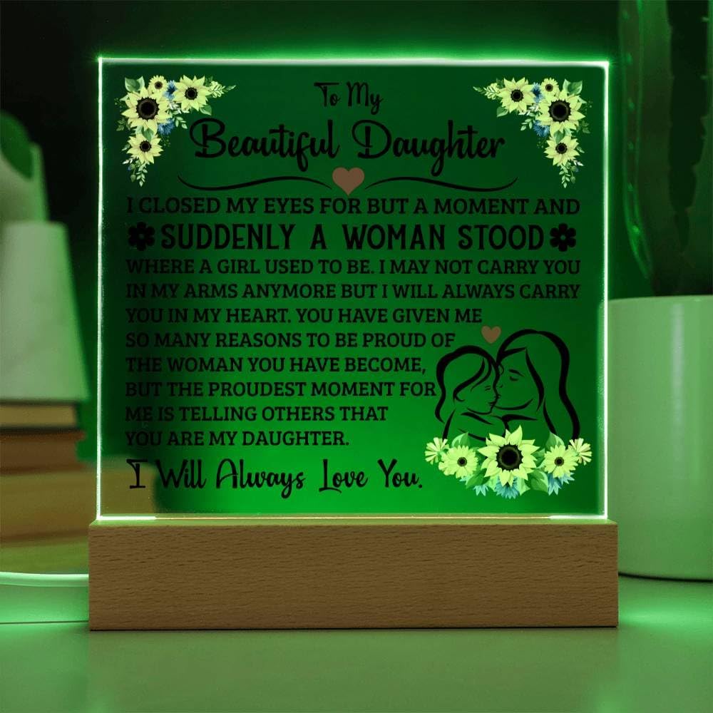 To My Beautiful Daughter Birthday Gifts From Mom | Mother Daughter Gifts with Heartfelt Message Card & Gift Box | Daughter's Birthday, Graduation, Christmas Acrylic Plaque Gift From Parents (LED Acrylic Square, Proud)