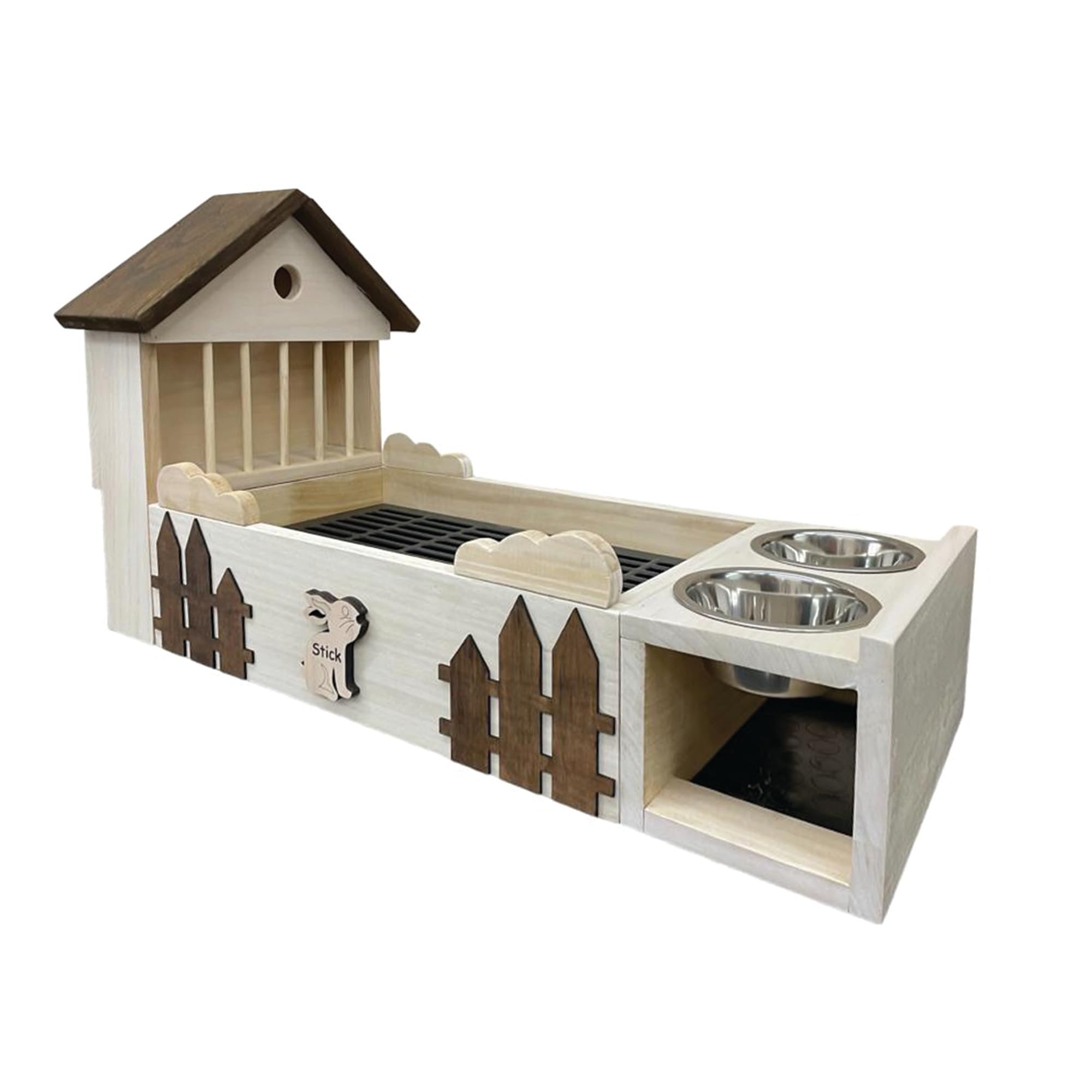 Ranch Mangiatoia e lettiera in legno per conigli con portaciotole (C6 Rovere Sbiancato)