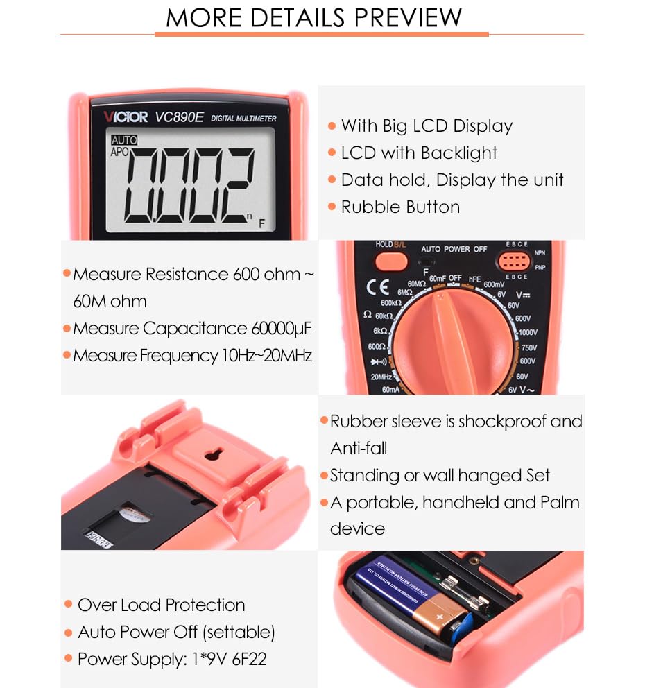 Image of Victor /RuoShui VC890E 5999 Counts True RMS Digital Smart Multimeter Measure Capacitance Resistance AC /DCurrent Voltage.Meter(Victor VC890E)