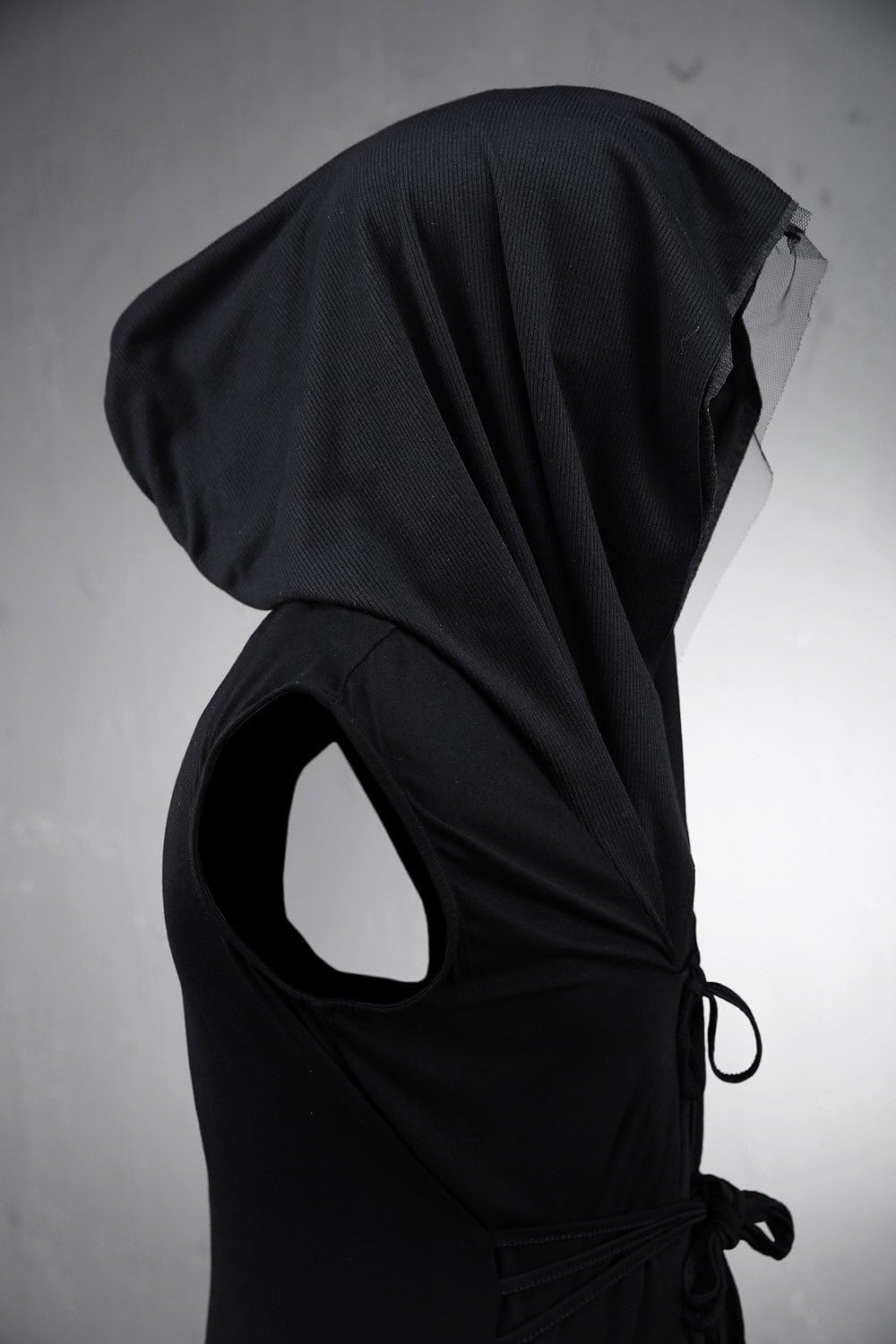 ByTheR Longline Cloak Hood Mens Sleeveless Mesh Cut Off Open Vest Layering Cardigan Streetwear Black - Image 7