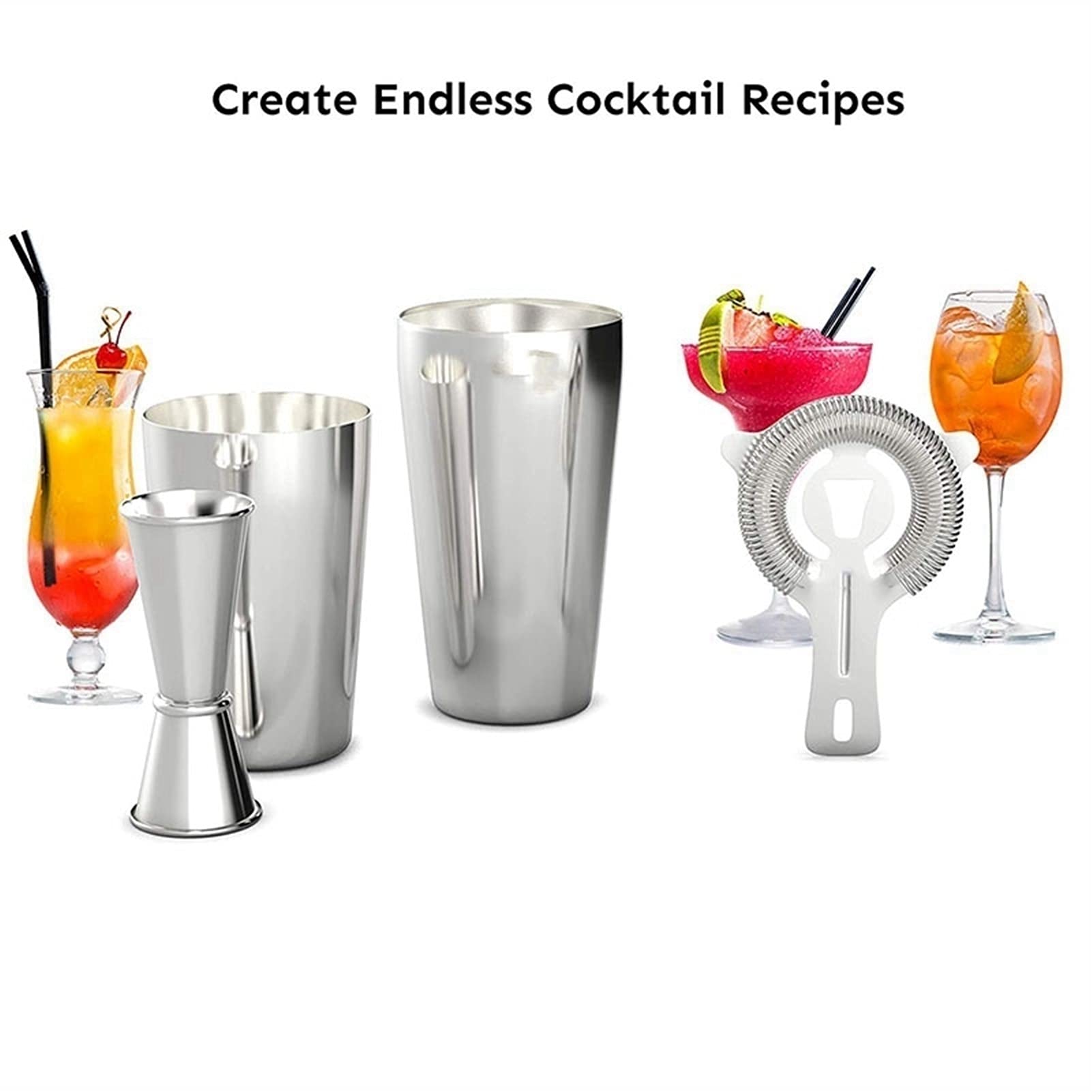 Mezclador de Vino Cocktail Shaker Set Professional Boston Shaker Cocktail Striador de cócteles y Jigger Set de 4 Piezas Juego de Barman de Acero Inoxidable Premium Coctelera