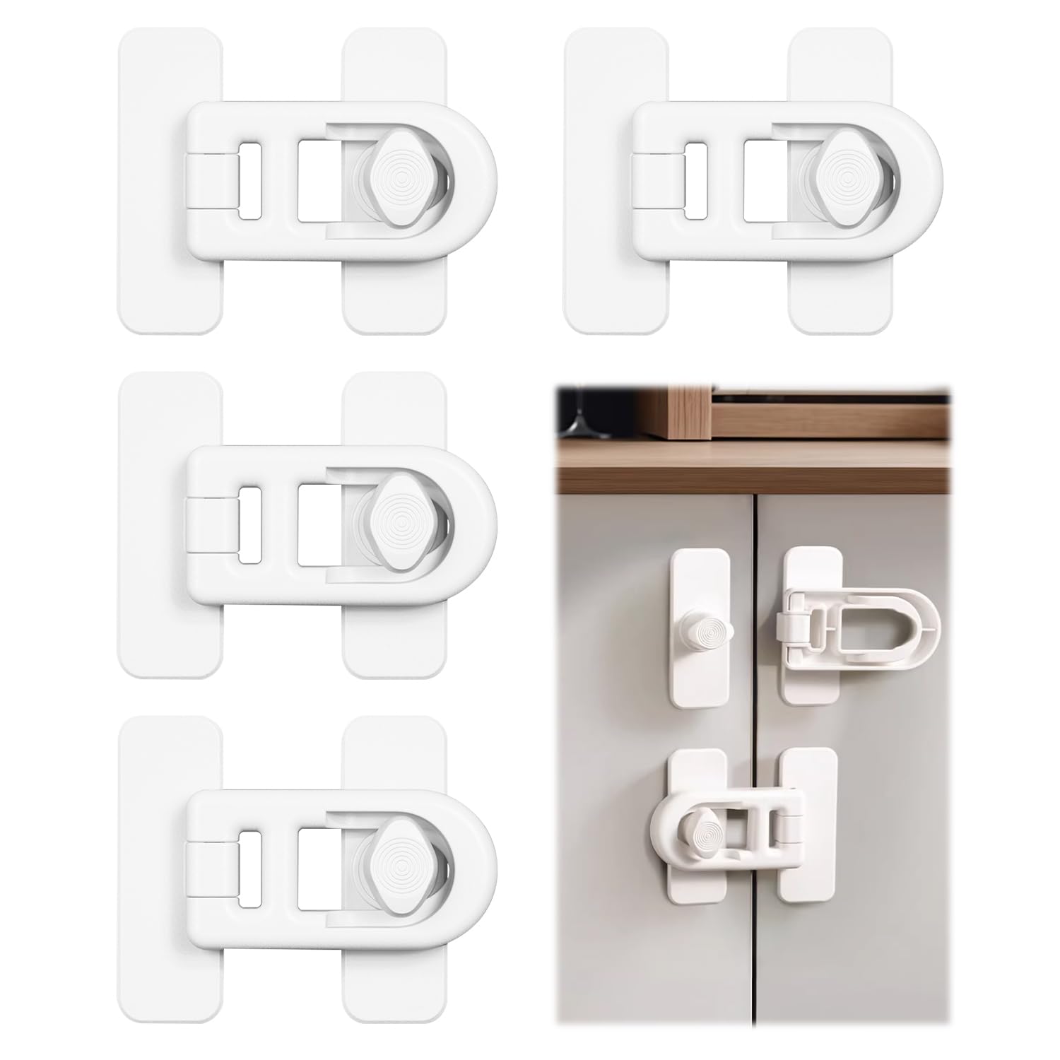 Fridge Lock, 4Pcs Fridge Child Lock, Fridge Locks for Children, Refrigerator Locks, Using 3M Adhesive-no Tools Need or Drill, for Kids and Toddlers, White