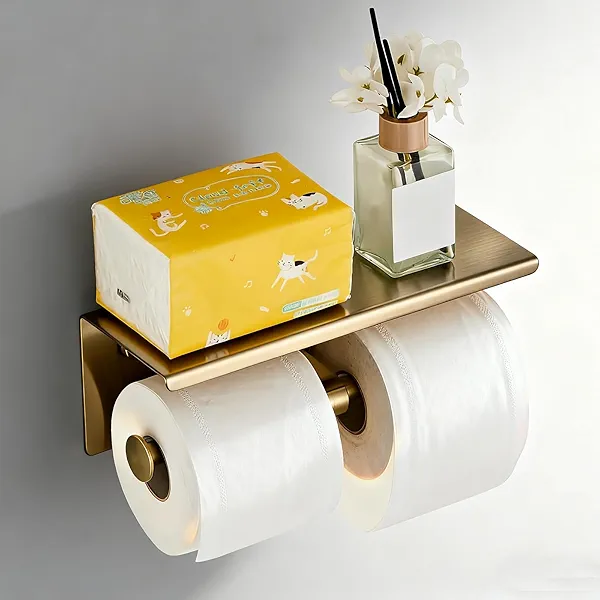 Toilet Paper Holder, NEWRAIN Double Bathroom Toilet Paper Roll Holder with Shelf, Stainless Steel Wall Mounted RV Tissue Roll Holder, Brushed Gold Commercial Farmhouse Toilet Paper Dispenser