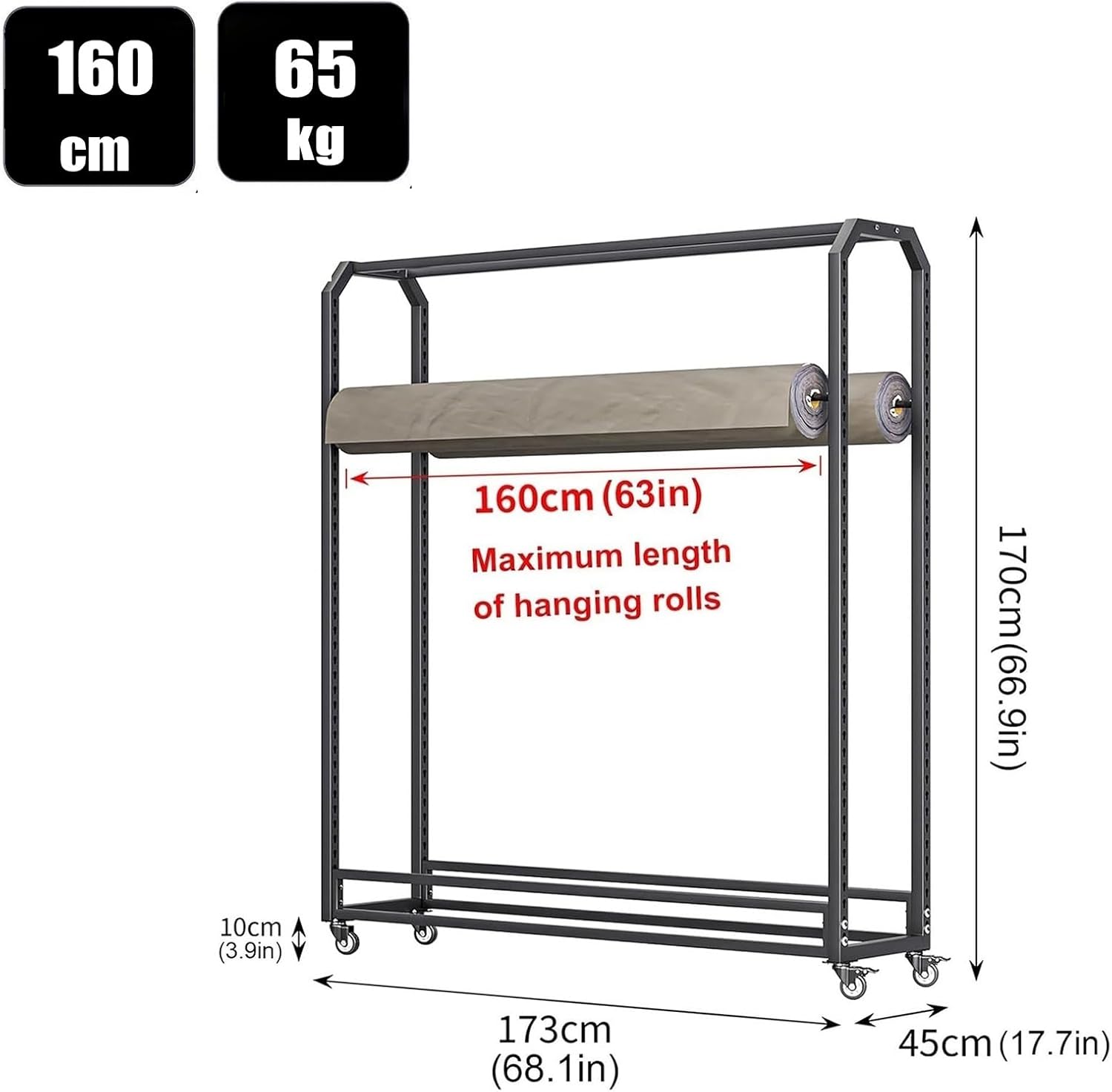 Movable Vinyl Wrap Storage Rack with Wheels - Adjustable 18-Rod Organizer for Car, Wallpaper, Tablecloth & Fabric - 160cm Wide Commercial Storage Solution