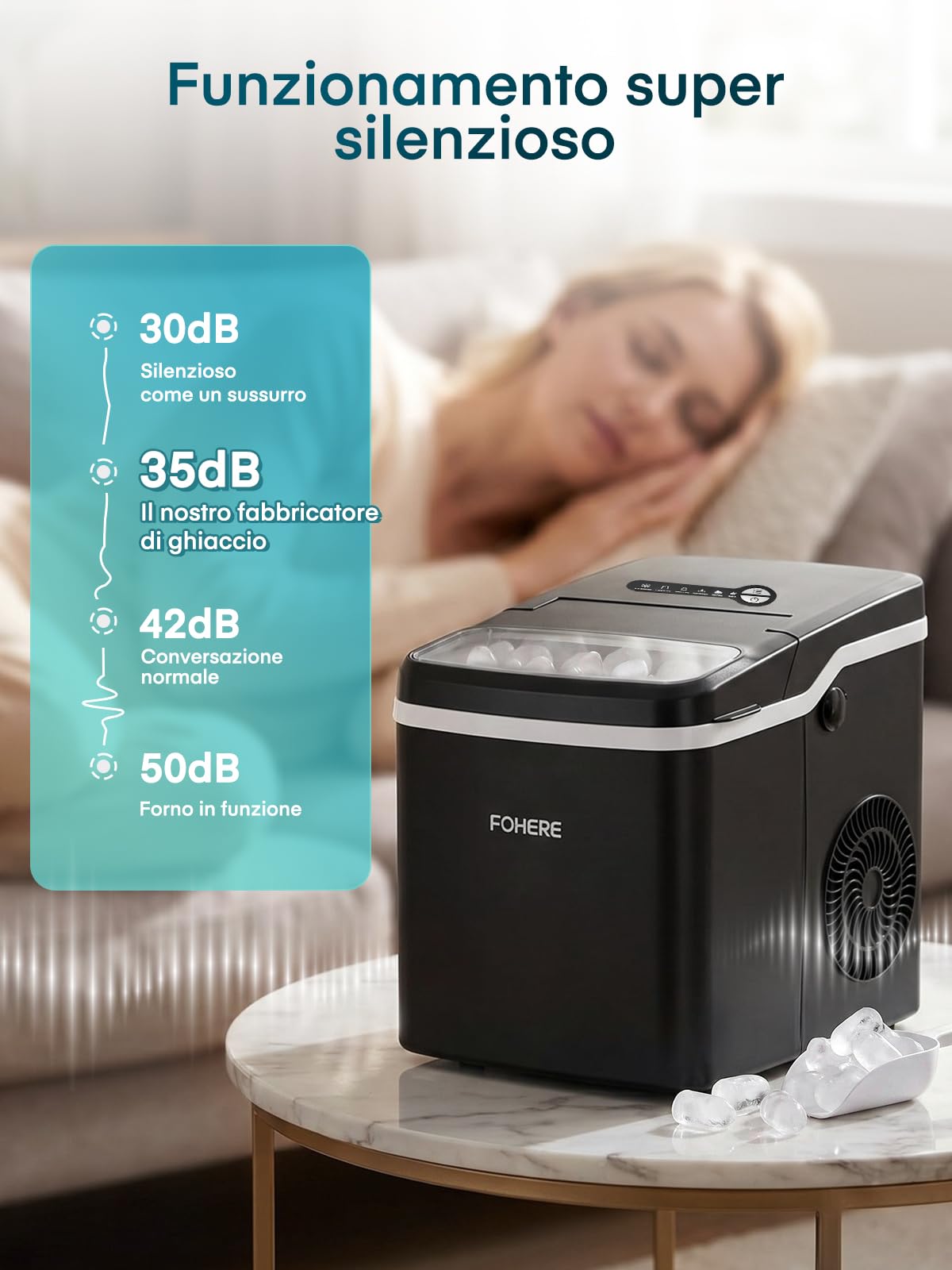 FOHERE Macchina Ghiaccio da Tavolo, 9 Cubetti in 5 Min, Capacità 14KG/24H, Macchina del Ghiaccio Autopulente con Coperchio Completamente Apribile, 2 Dimensioni, per Casa, Cucina, Ufficio, Campeggio