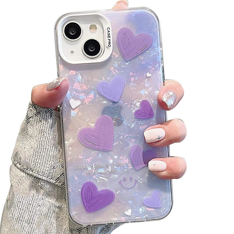 mobistyle Designed for iPhone 14 Cover Cool Shining Shell Love Heart Pattern Design with TPU Edges Phone Back Cover Case for Girls Women (Bling Heart Purple)