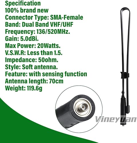 Miniatura 5 de Antena táctica CS plegable 27.6 in/27.56 pulgadas SMA-hembra doble banda VHF UHF 136/520Mhz para Kenwood BaoFeng UV-5R UV-82 BF-888S Retevis H777