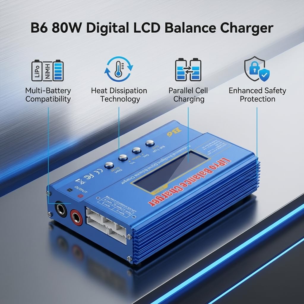 FTVOGUE B6 Chargeur de Batterie Numérique LCD, 80W, pour LiPo NiMH RC, Puissance de Charge 6A, Écran LCD, 133x87x33mm