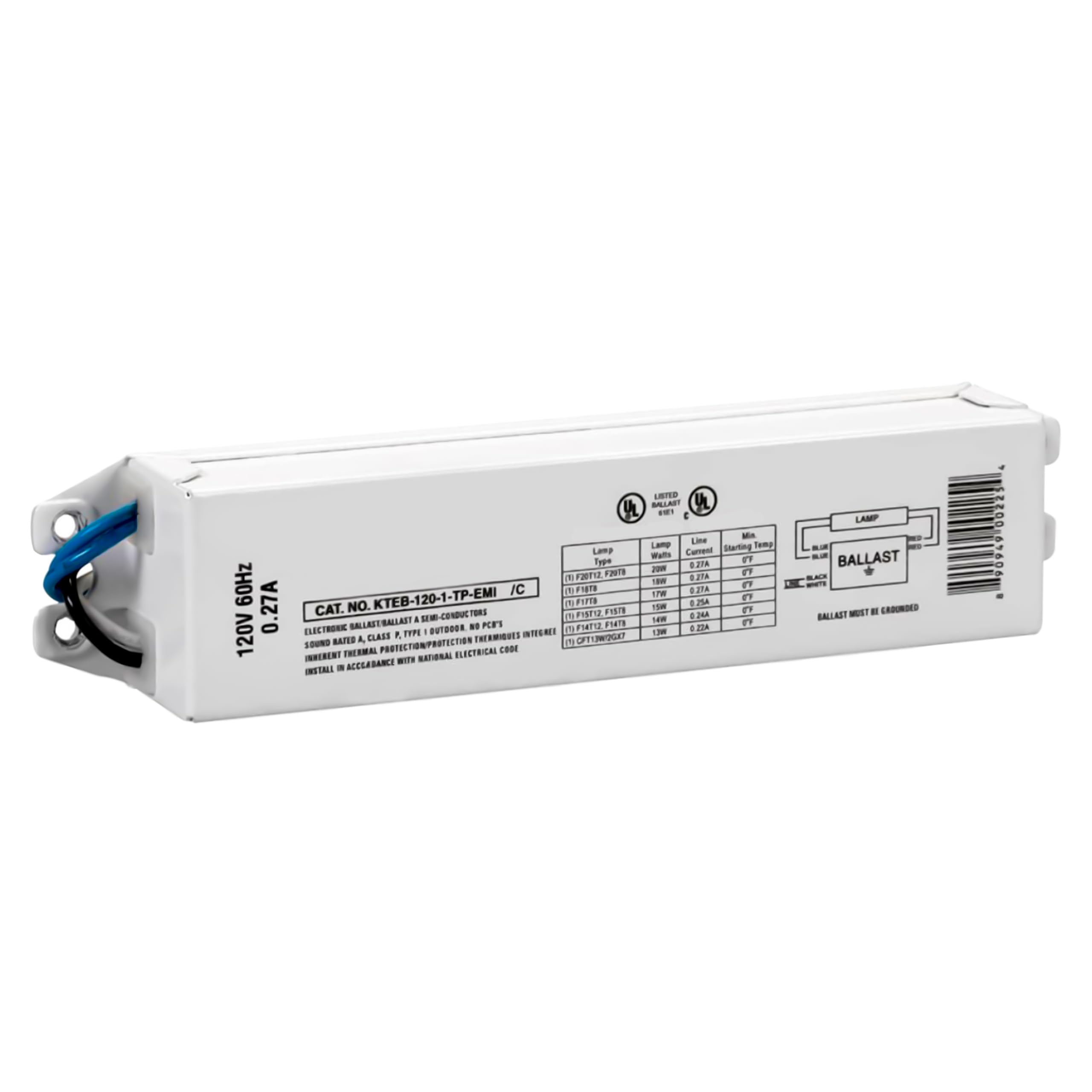 Replacement for Keystone KTEB-120-1-TP-EMI 1 Lamp T12 Electronic Fluorescent Ballast | 120V Input with Instant Start Operation | 0.90 Ballast Factor, UL-Approved