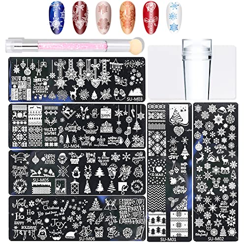 Freeorr 6Pcs Christmas Nail Template Plates Kit with Stamper Scraper and Nail Gradient Sponges Pen, Santa Snowman Snowflake Elk Nail Stencil for Nail Art Design Decoration Manicure Supplies