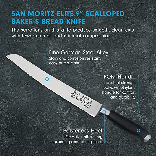 Messermeister San Moritz Elite 9” Scalloped Bread Knife - Fine German Steel Alloy Blade - Rust Resistant & Easy To Maintain #TOP1