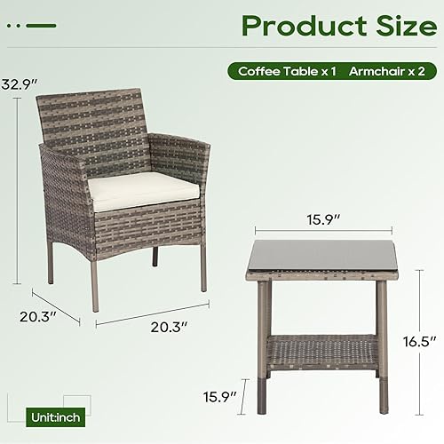 Vista 44 de FDW - Juego de muebles de mimbre de 3 piezas, sillas de ratán modernas con mesa auxiliar, resistentes a la intemperie, para exterior, patio, porche