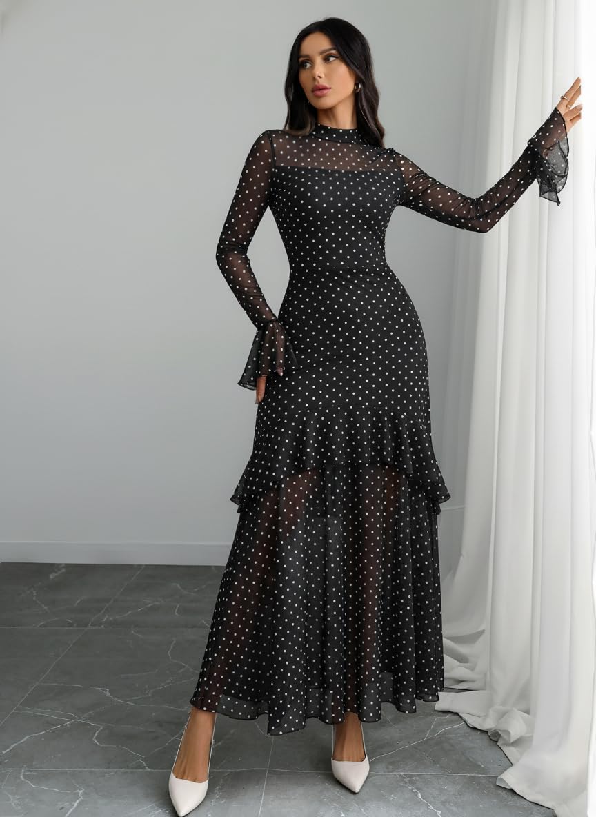 GothDark Womens Floral Maxi Dress Sheer Mesh Bell Sleeve Tiered Ruffle Gothic Romantic Casual Long Dresses