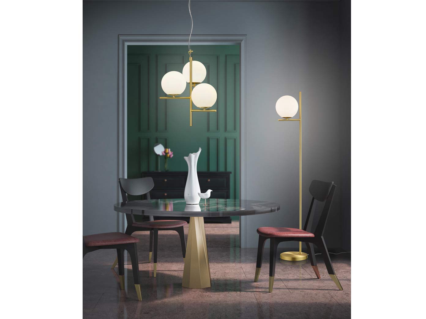 Trio Leuchten Lampada a sospensione flore - Art déco - Metallo,Vetro - Oro/Bianco - Sfera/Oblungo Max. 3 x 28