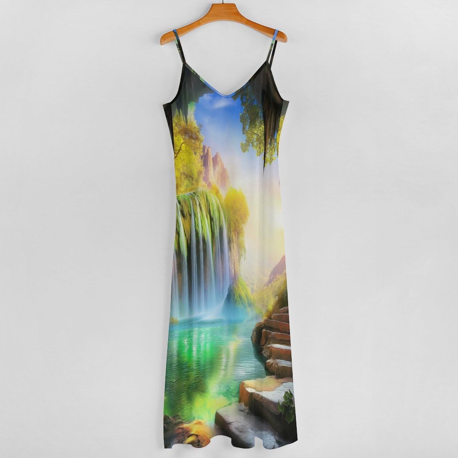 Vestido De Verano para Mujer - Paisaje De Cascada Vestidos De Tirantes Finos, Tallas S-5Xl, Informales, con Escote En V, Sin Mangas, Largos, De Verano, Sexys, para La Playa, Estilo Urbano.