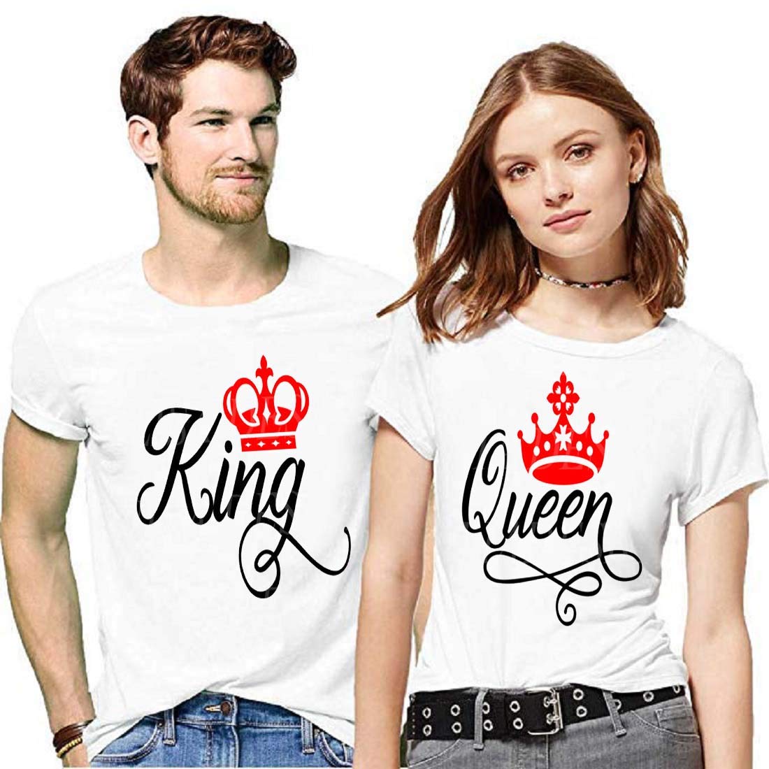 YFB Unisex Couples Round Neck Printed Regular Fit Half Sleeves T-Shirt (White, Red King Queen)-Small