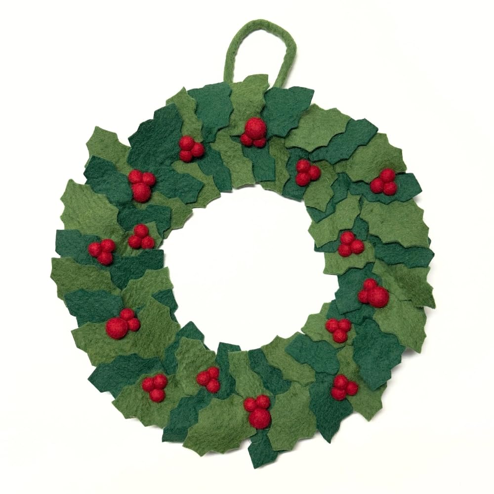 Humble Hilo Corona de flores de fieltro hecha a mano, corona de Navidad, decoración de otoño para puerta (corona navideña con bayas rojas)