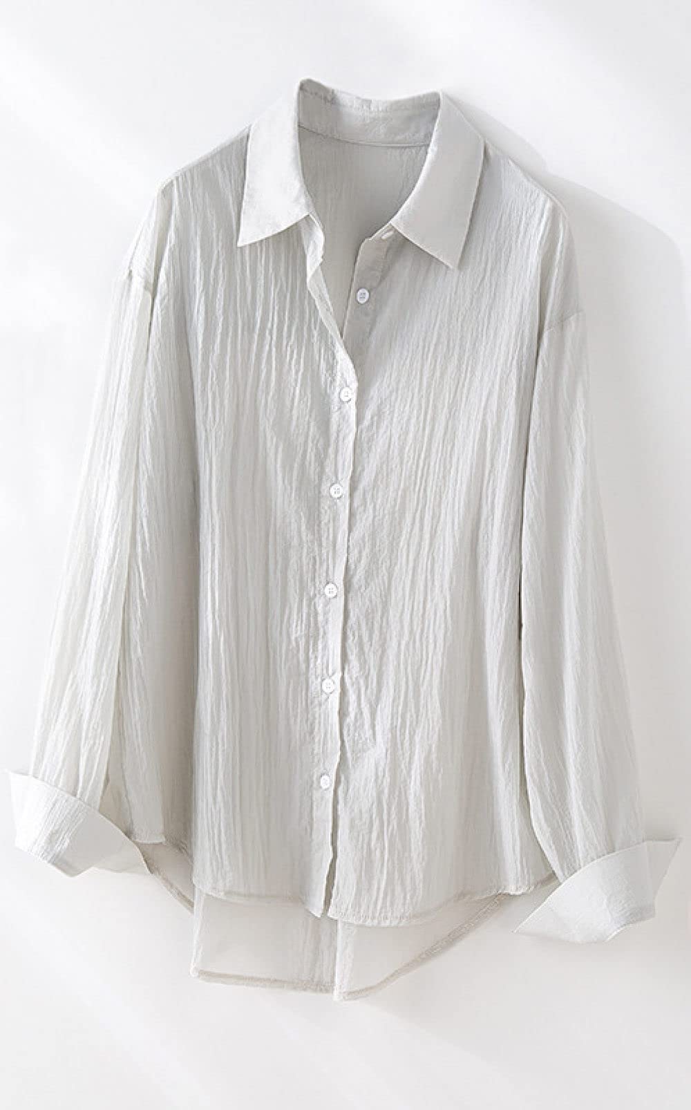 MIDJ Lockeres Damenhemd,Damen Plissee Elegantes Revers Oberteile Hemd Durchscheinend Grau Lose Fließend Satin Tunika Hemd Langarm Chiffon Bluse Hemd Lässige Büro Business Bluse Für Mädchen Damen