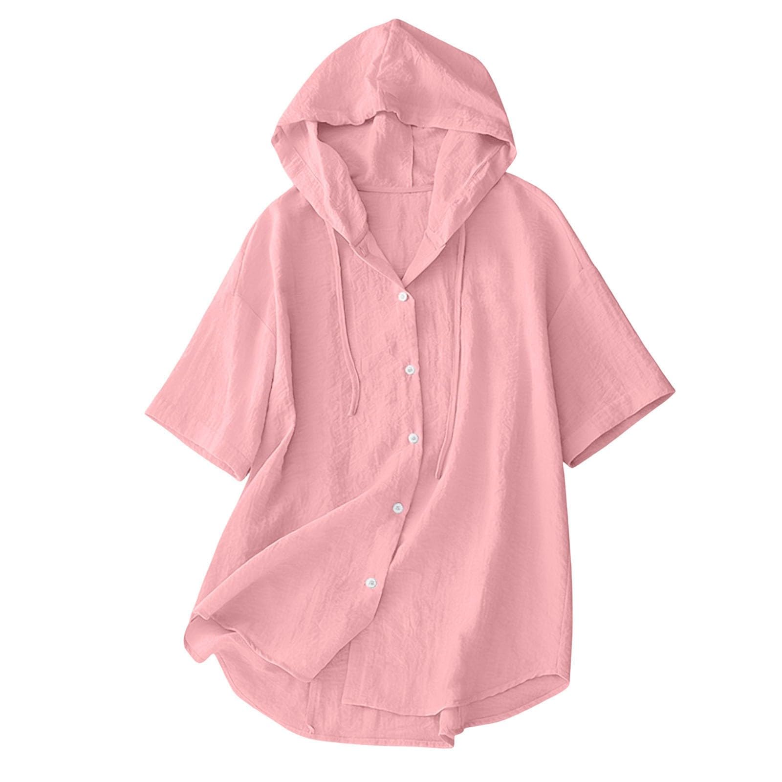 Maglia estiva da donna con cappuccio, a maniche corte, tinta unita